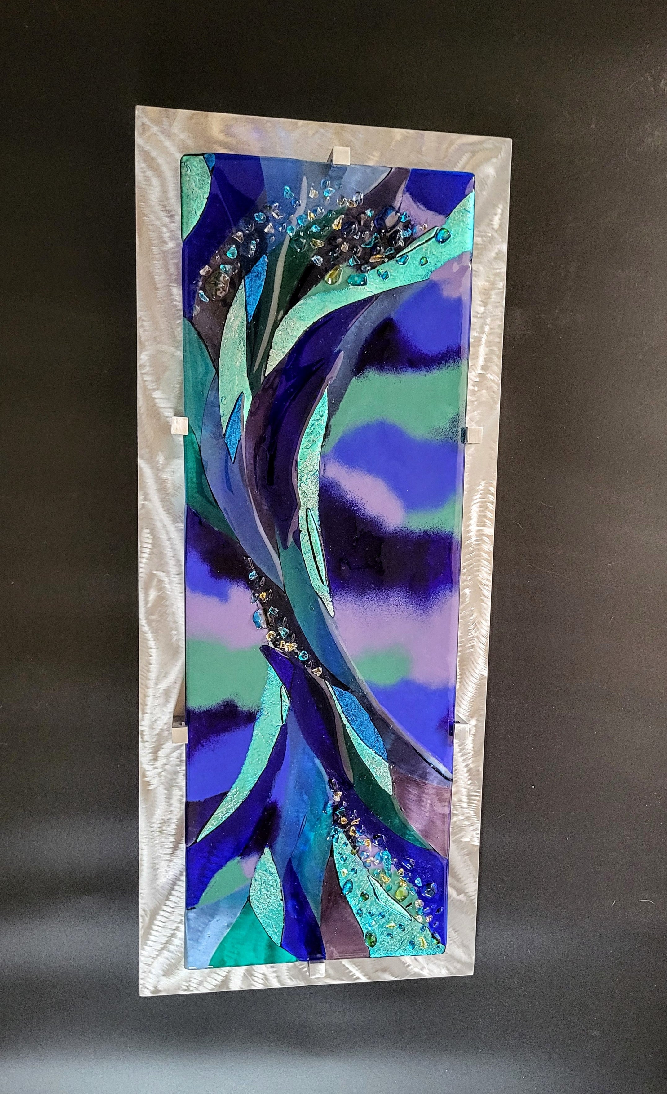 Large Fused Glass Art Panel Contemporary Glass Wall Art. "Poseidon Plays"