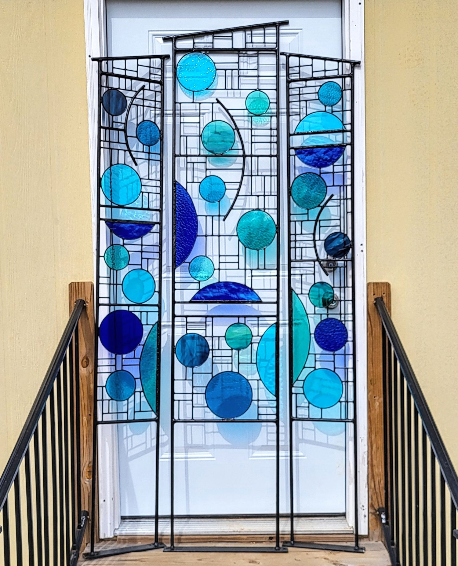 Metal and Glass Garden Sculpture 3 Piece Stained Glass Yard Art. "Garden Blues Triptych"