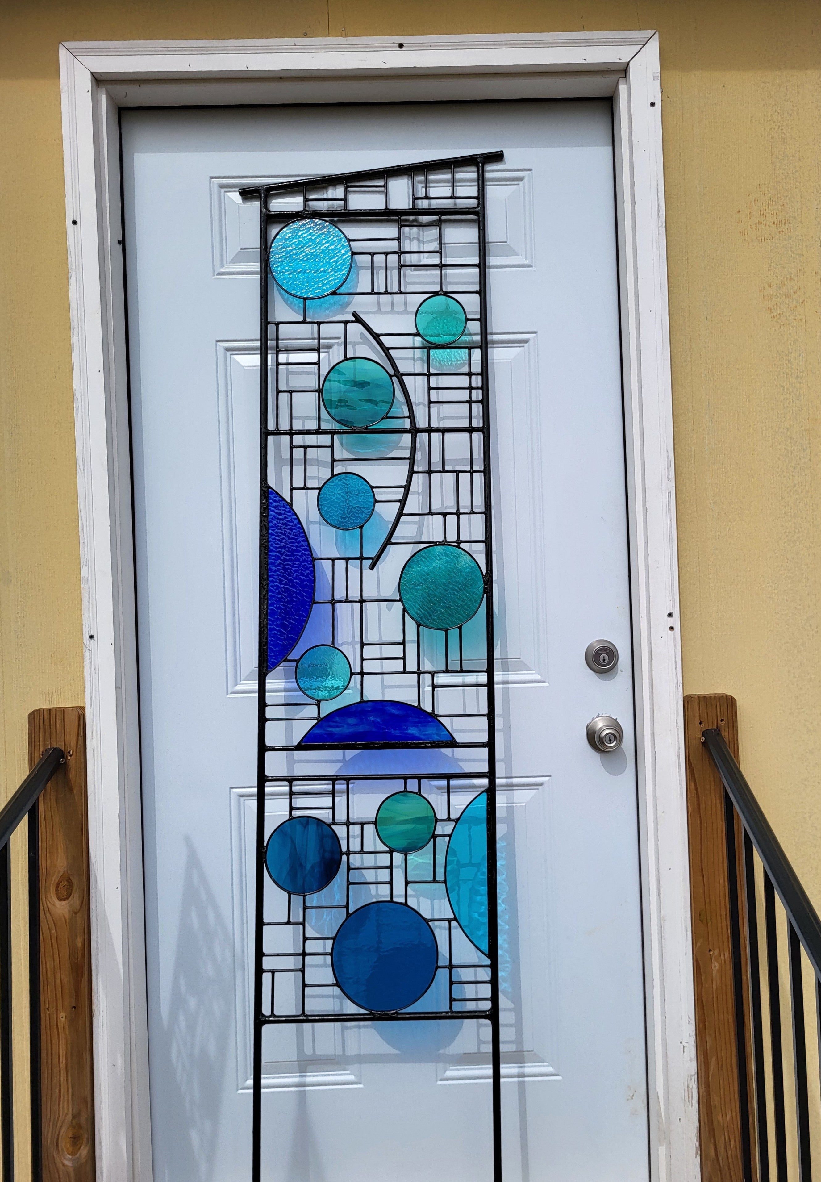 Metal and Glass Garden Sculpture 3 Piece Stained Glass Yard Art. "Garden Blues Triptych"