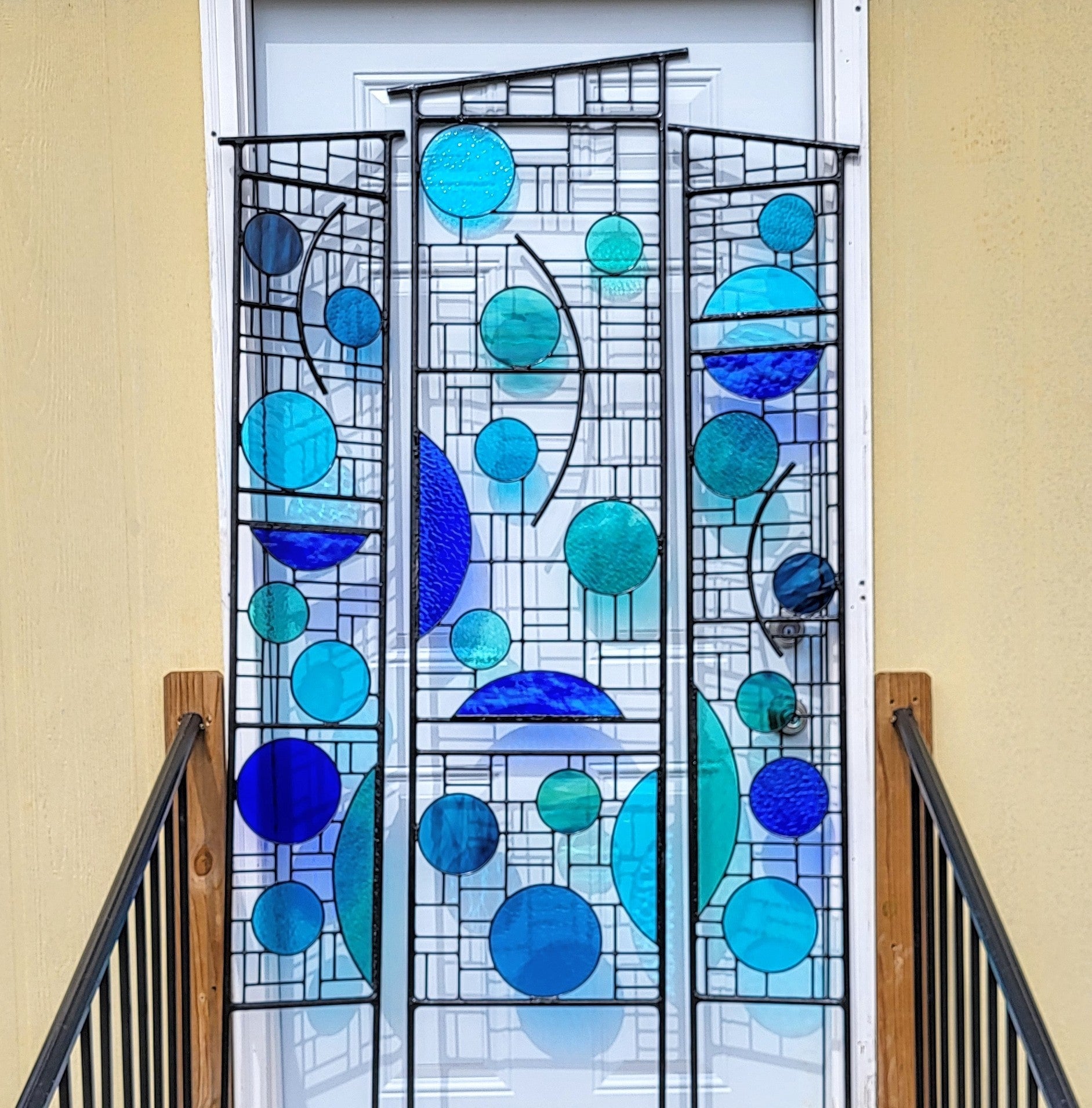 Metal and Glass Garden Sculpture 3 Piece Stained Glass Yard Art. "Garden Blues Triptych"