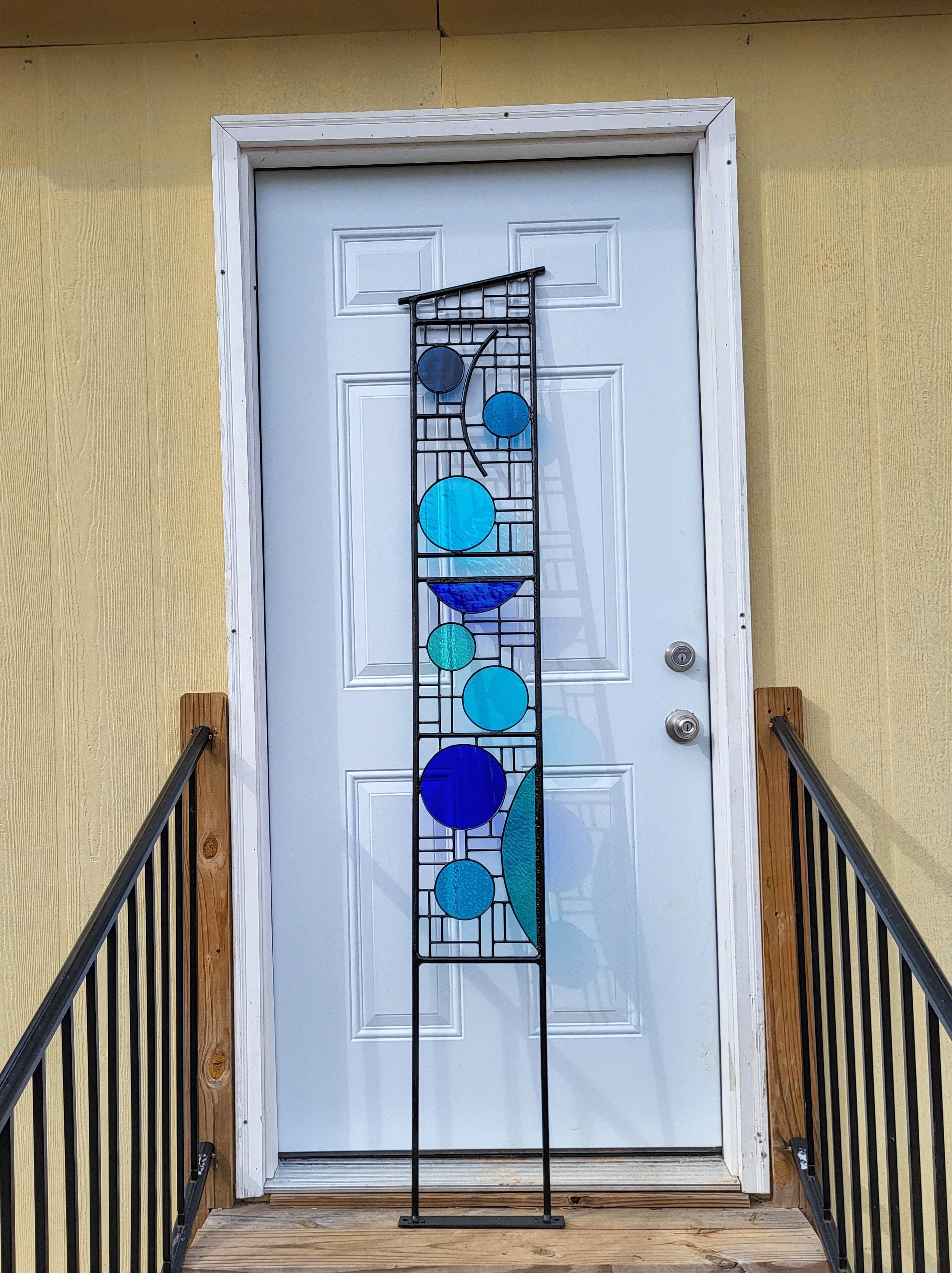 Metal and Glass Garden Sculpture 3 Piece Stained Glass Yard Art. "Garden Blues Triptych"