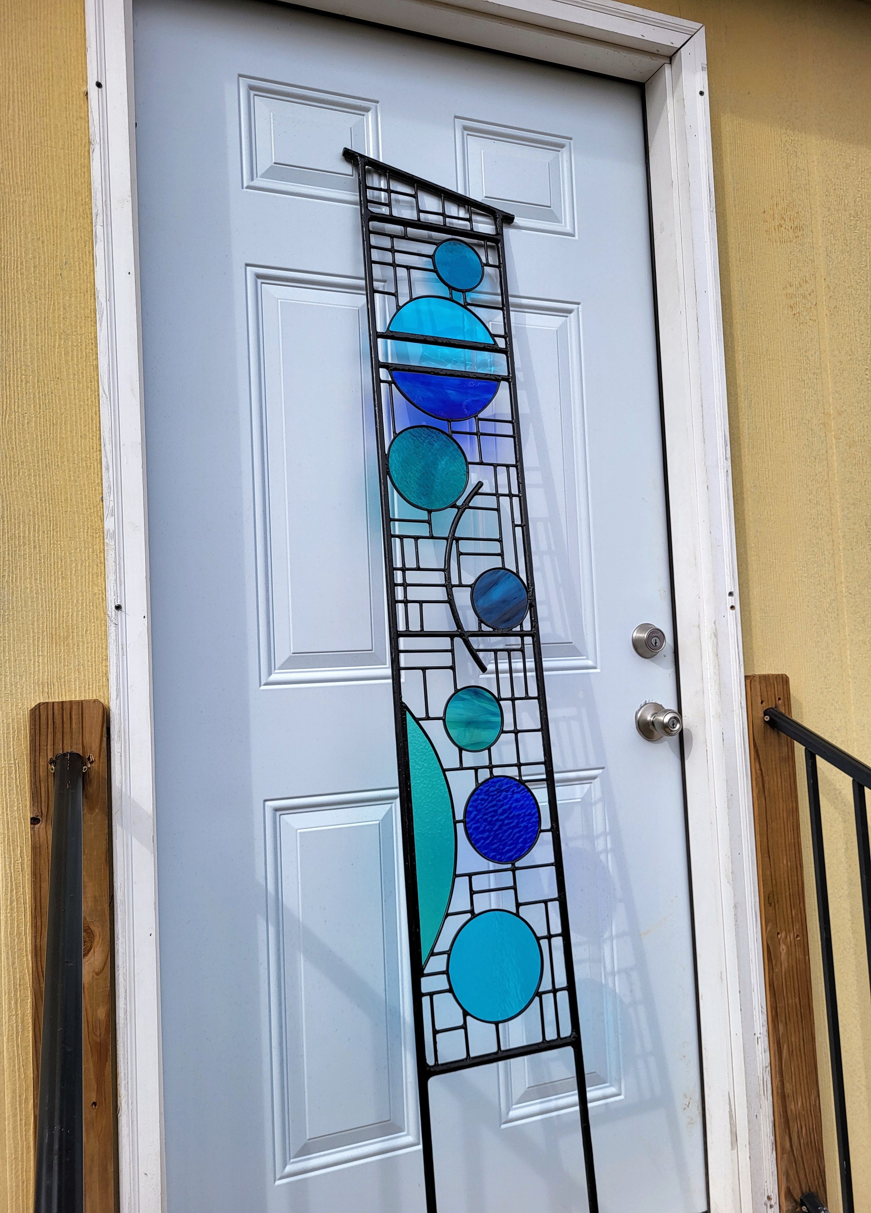 Metal and Glass Garden Sculpture 3 Piece Stained Glass Yard Art. "Garden Blues Triptych"