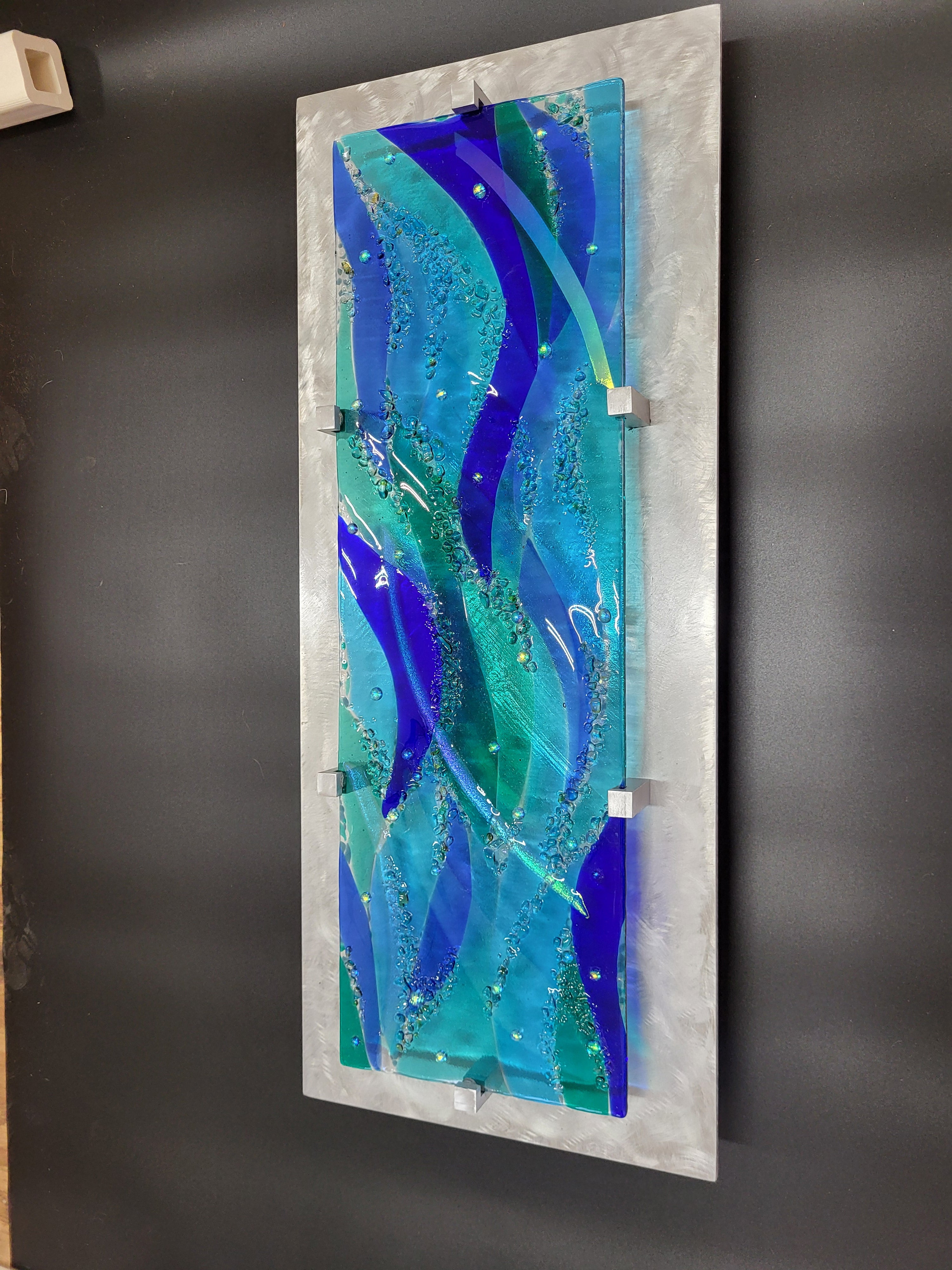 Metal and Glass Art Panel Fused Ocean Themed Stained Fused Glass. "Water Ways"