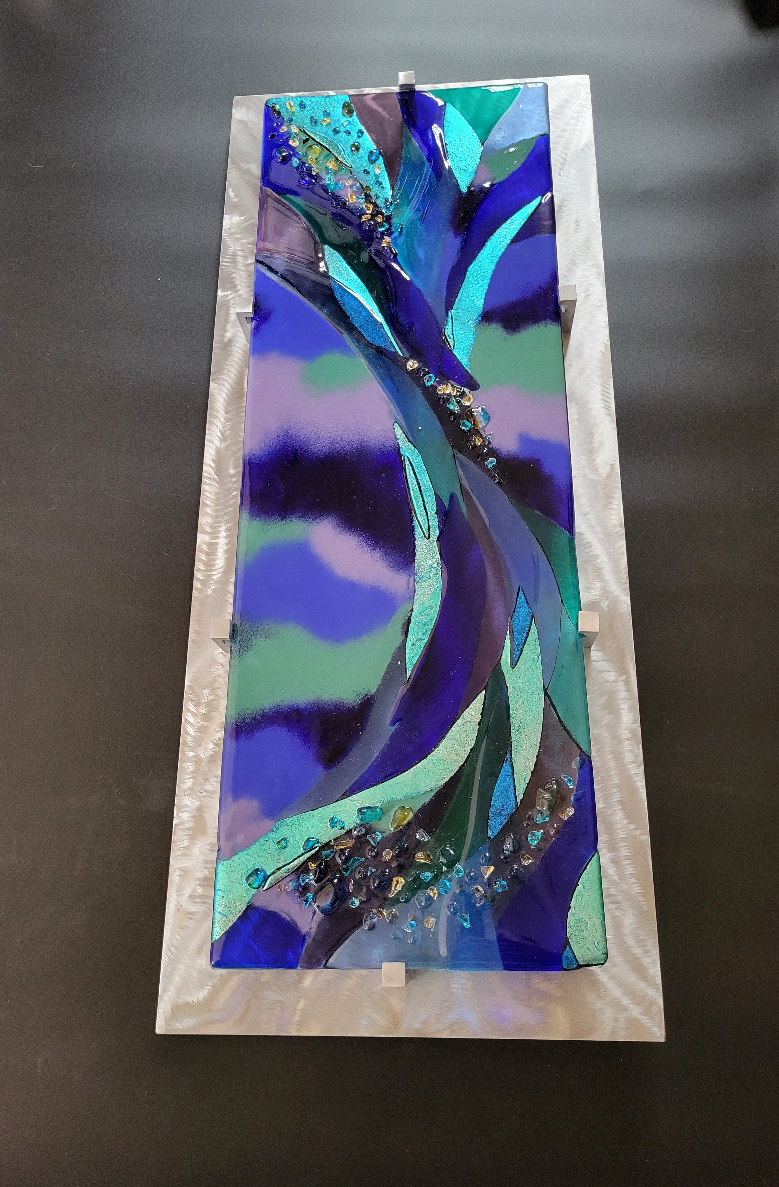 Large Fused Glass Art Panel Contemporary Glass Wall Art. "Poseidon Plays"