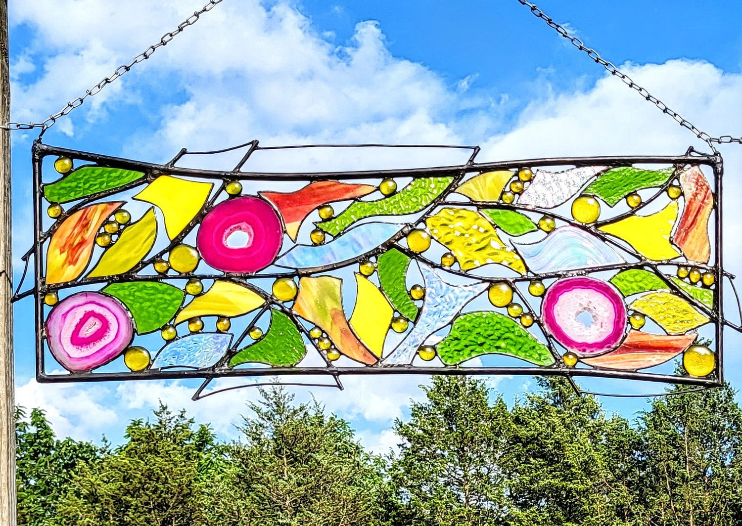 Modern Wall Art Glass and Metal Art Stained Glass Hanging Window Panel. "Carnivale"