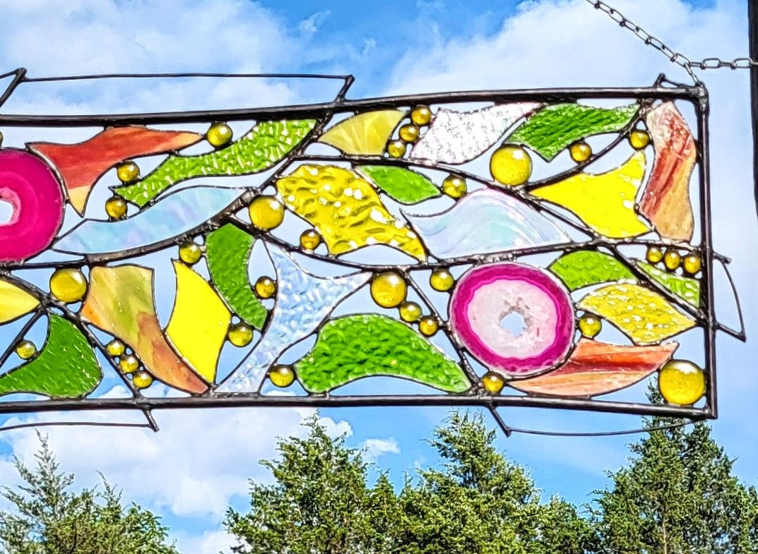 Modern Wall Art Glass and Metal Art Stained Glass Hanging Window Panel. "Carnivale"