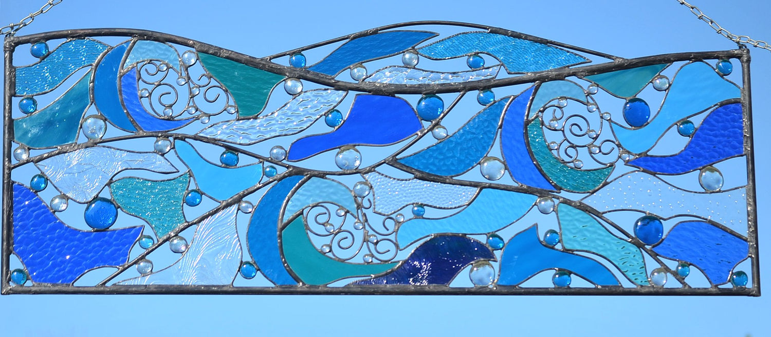 Abstract Metal and Glass Art Ocean Themed Stained Glass Art. &quot;Crashing Waves&quot;