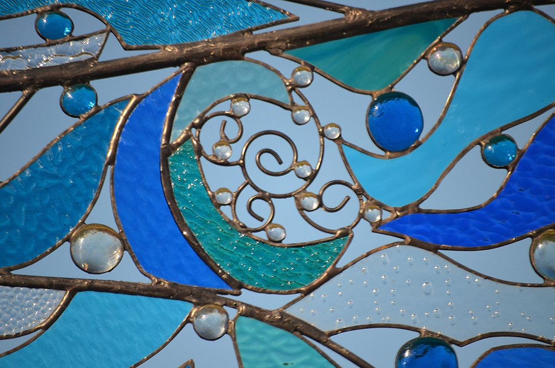 Abstract Metal and Glass Art Ocean Themed Stained Glass Art. &quot;Crashing Waves&quot;