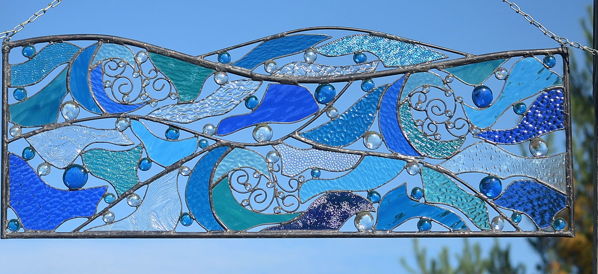 Abstract Metal and Glass Art Ocean Themed Stained Glass Art. "Crashing Waves"