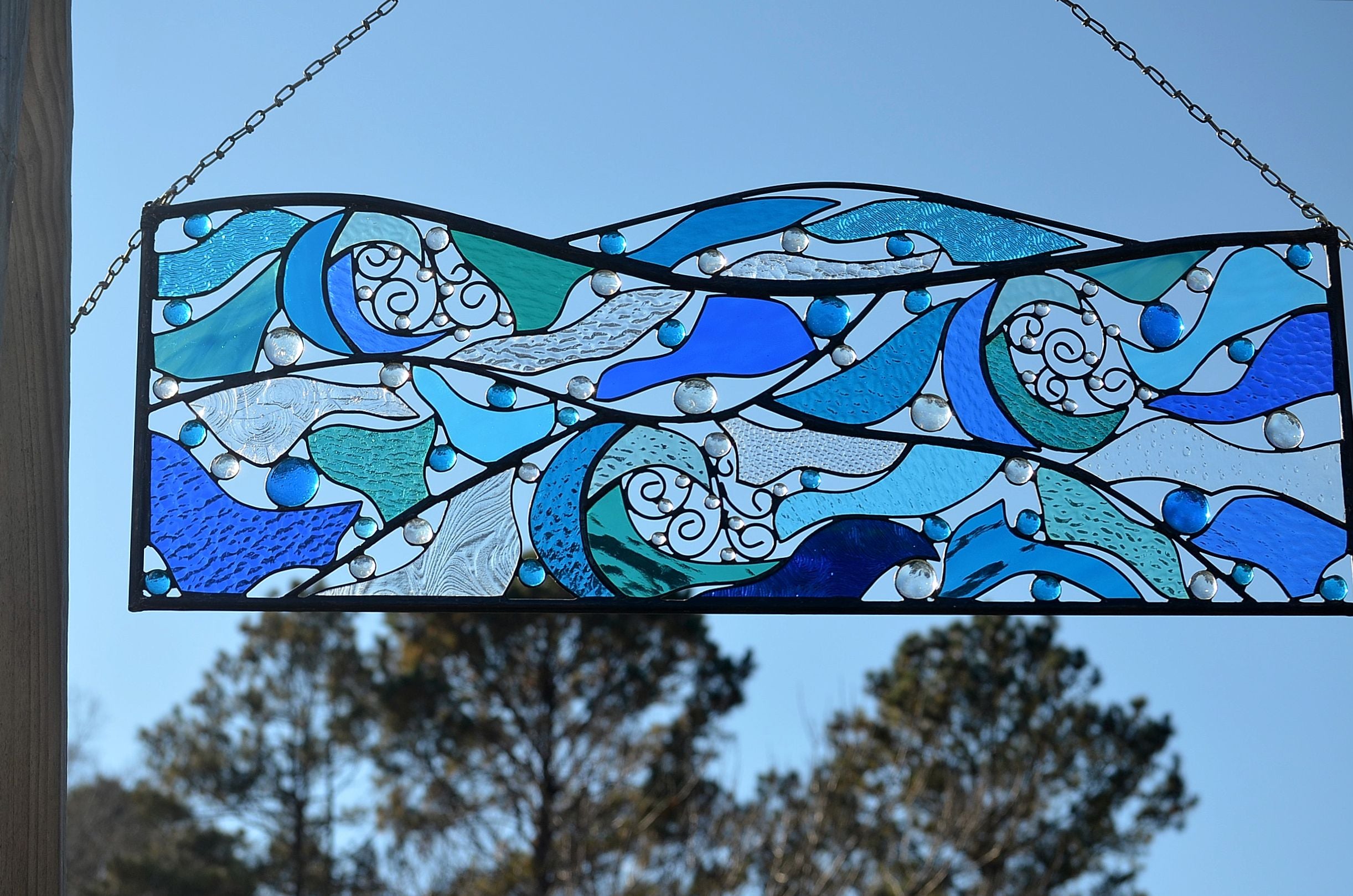 Abstract Metal and Glass Art Ocean Themed Stained Glass Art. "Crashing Waves"