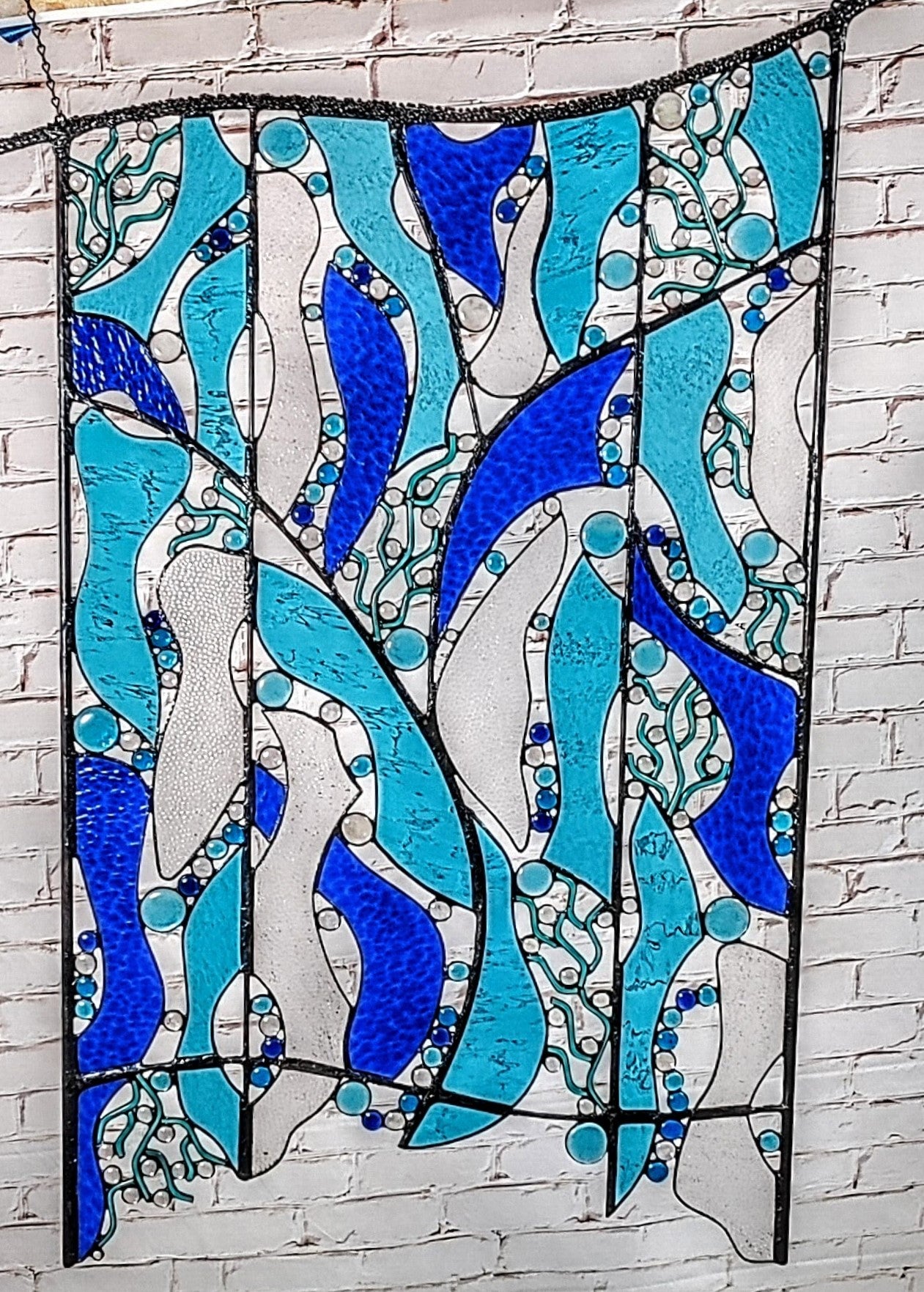 Outdoor Stained Glass Wall Hanging Custom Metal and Glass Art. "Drift Along"