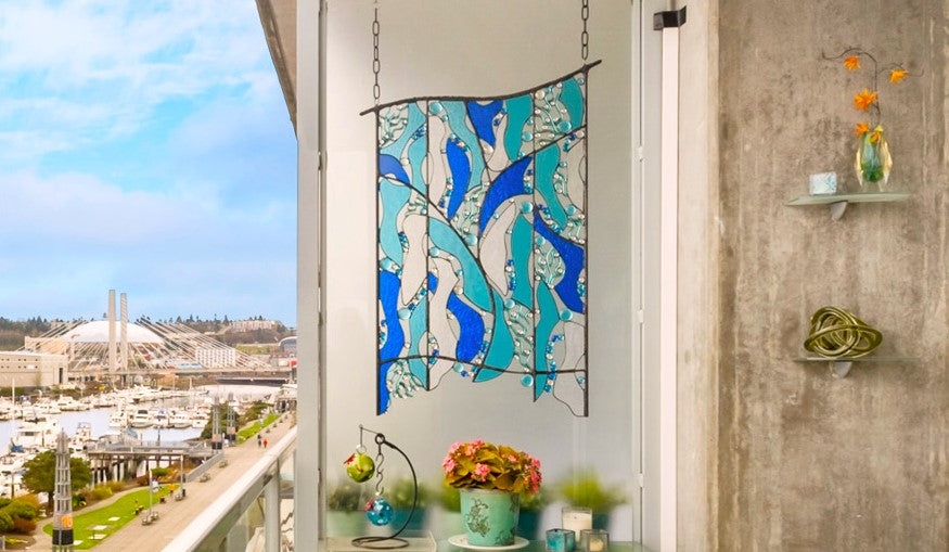Outdoor Stained Glass Wall Hanging Custom Metal and Glass Art. "Drift Along"