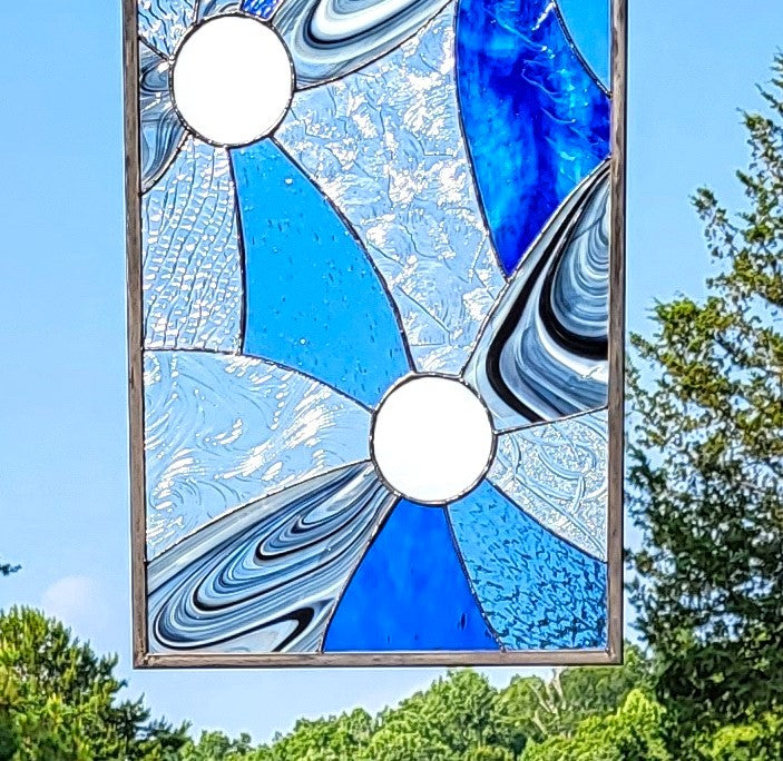 Large Glass Hanging Panel Abstract Stained Glass Panel. "Moon Spinners"