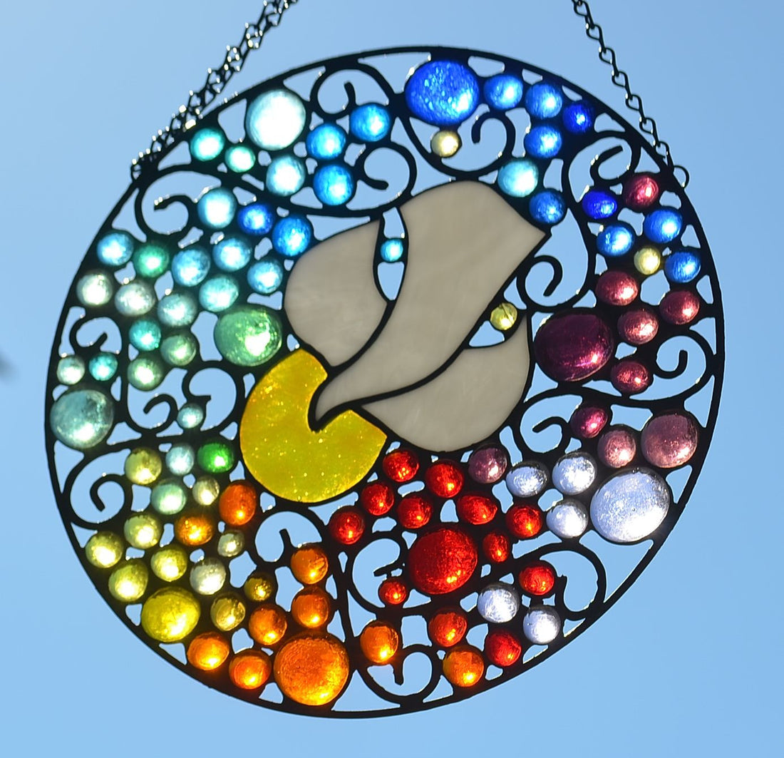 Round Religious Stained Glass Panel of Dove Hanging Glass Art. &quot;Peace Dove to Earth&quot;