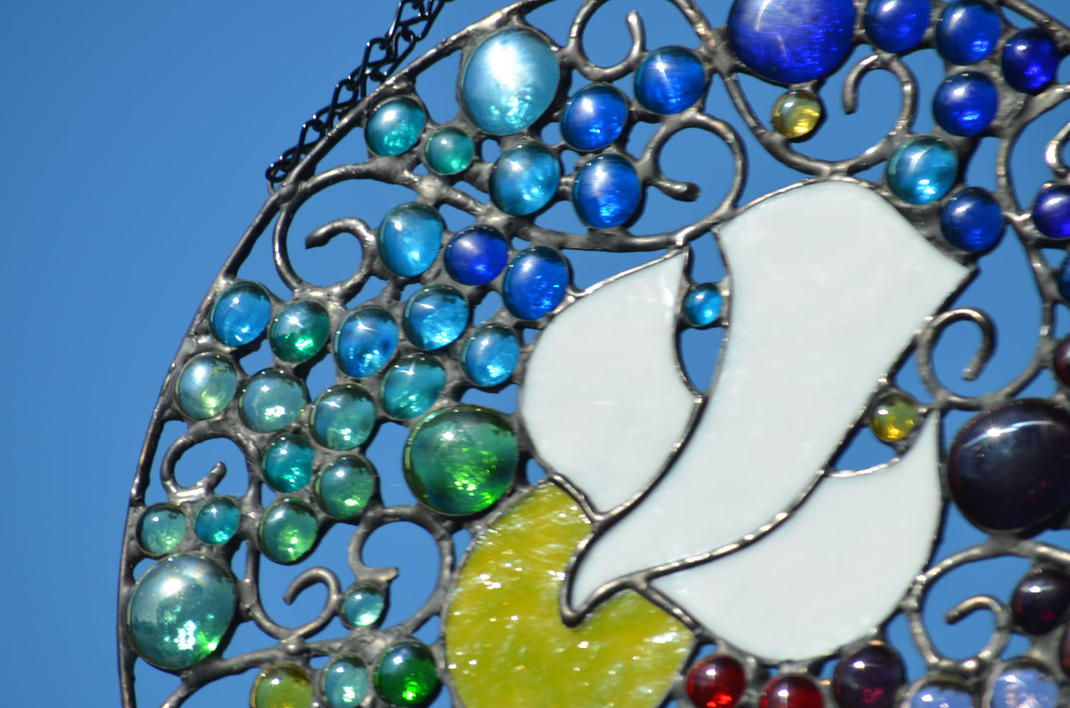 Round Religious Stained Glass Panel of Dove Hanging Glass Art. &quot;Peace Dove to Earth&quot;