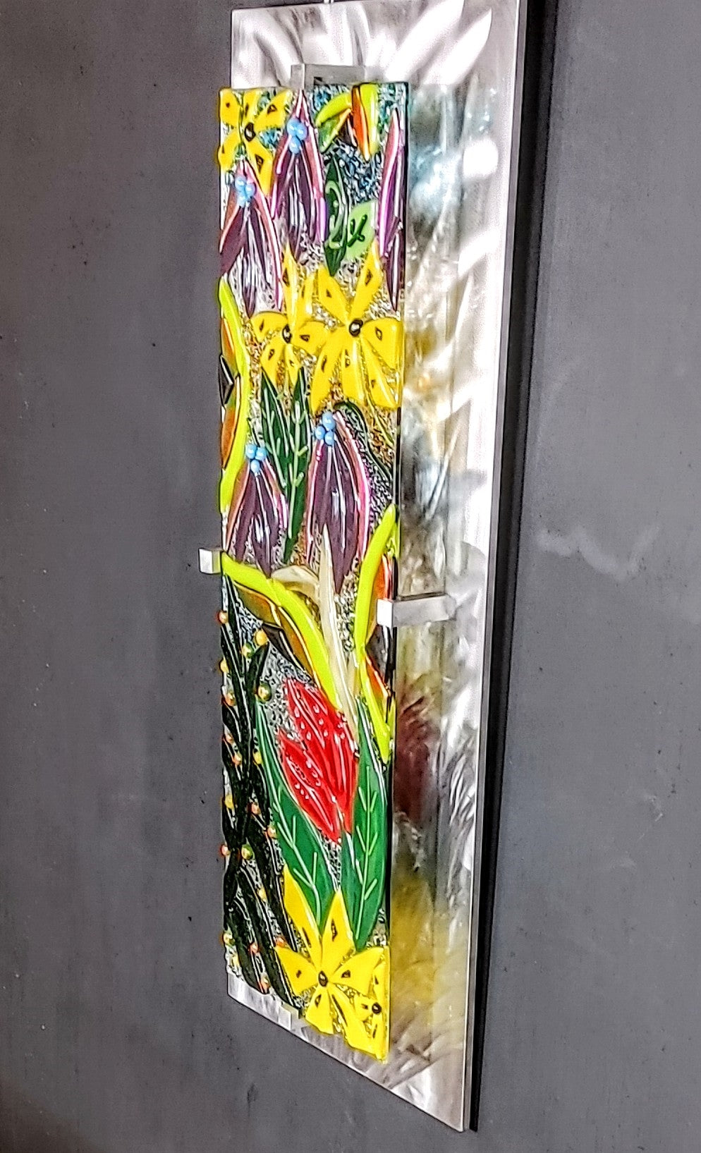 Hanging Glass Panel Wall Art Fused Stained Glass. "Exotic Flowers"