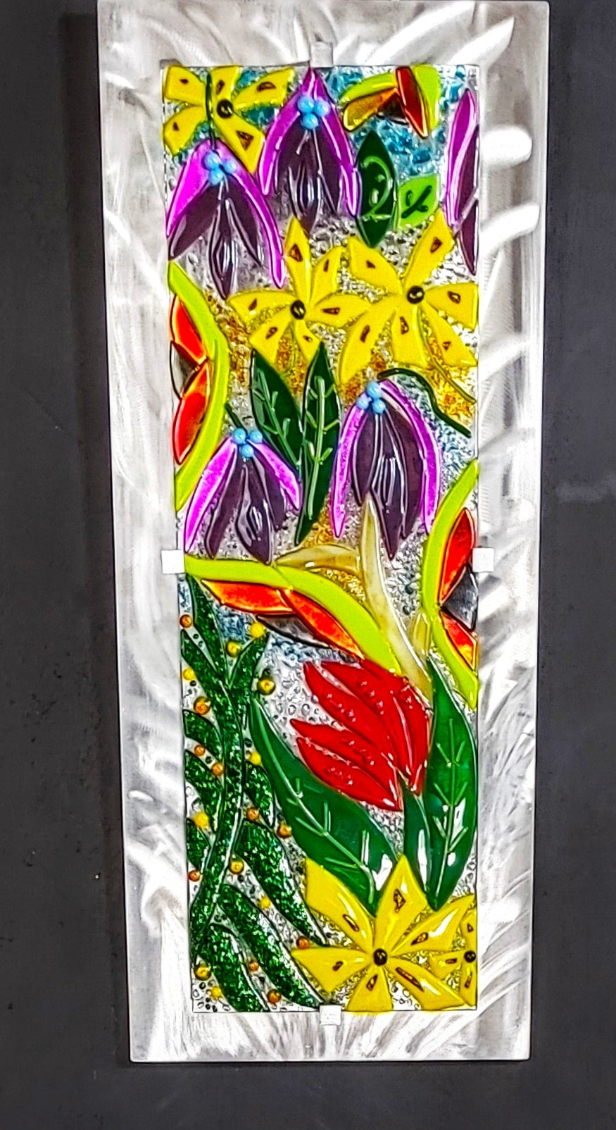 Hanging Glass Panel Wall Art Fused Stained Glass. "Exotic Flowers"