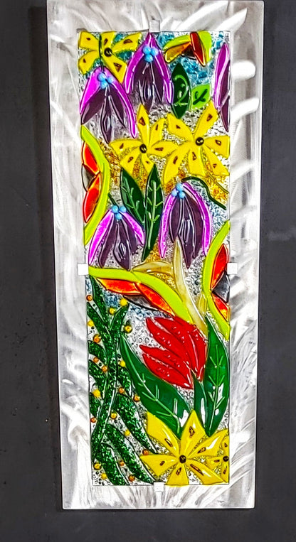 Hanging Glass Panel Wall Art Fused Stained Glass. &quot;Exotic Flowers&quot;
