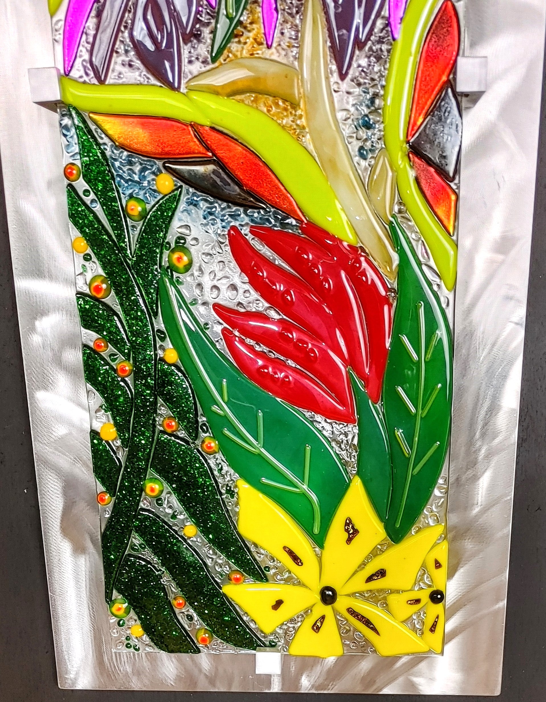 Hanging Glass Panel Wall Art Fused Stained Glass. "Exotic Flowers"