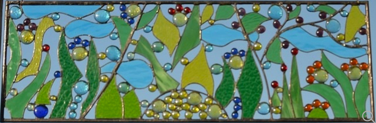 Contemporary Abstract Stained Glass Panel Metal and Glass Art. "Garden Paradise"