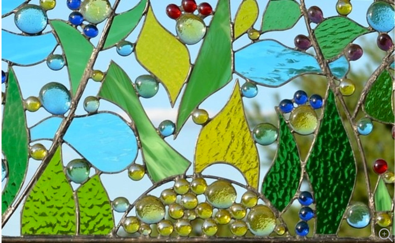 Contemporary Abstract Stained Glass Panel Metal and Glass Art. "Garden Paradise"