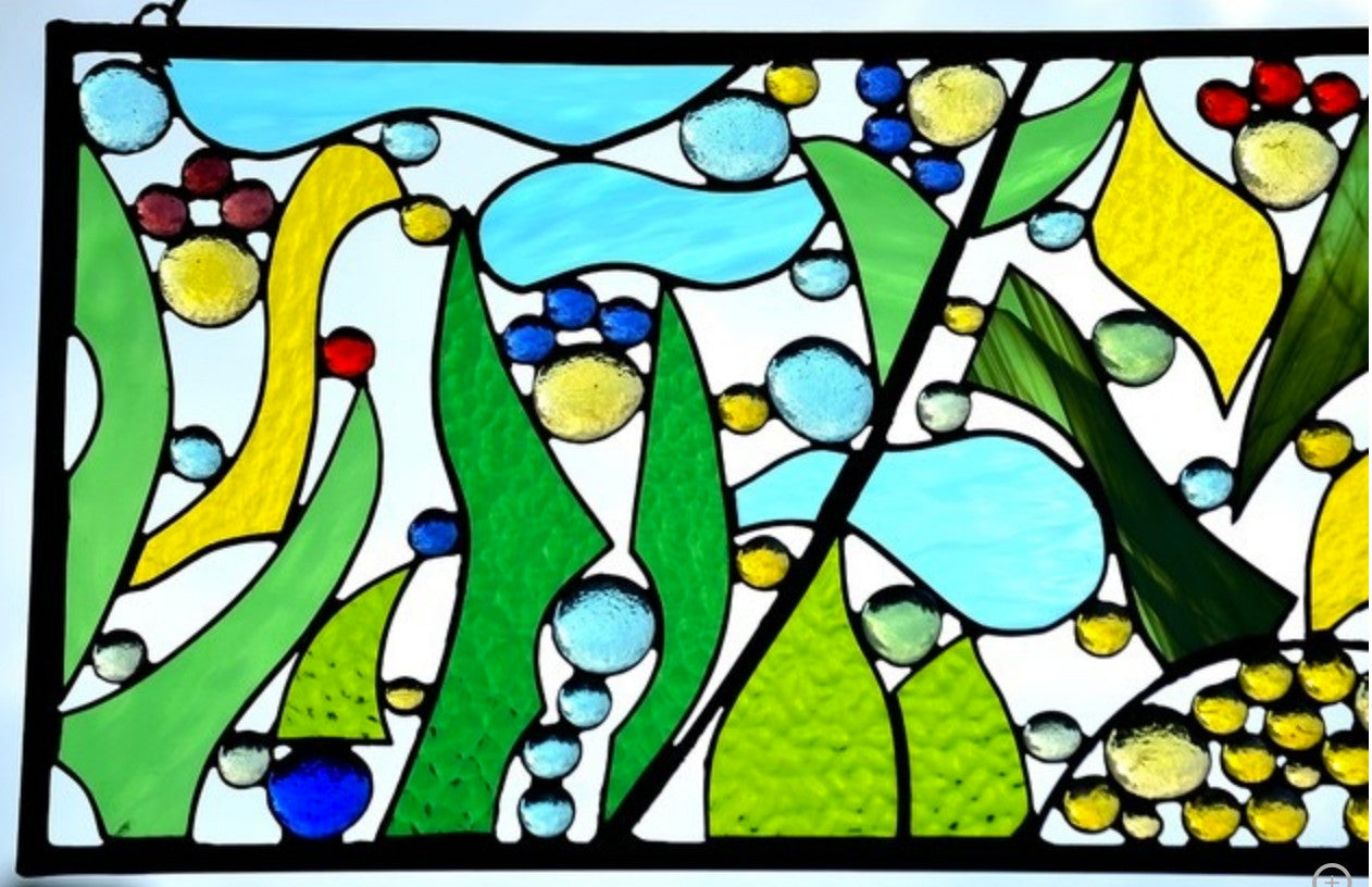 Contemporary Abstract Stained Glass Panel Metal and Glass Art. "Garden Paradise"