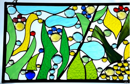 Contemporary Abstract Stained Glass Panel Metal and Glass Art. &quot;Garden Paradise&quot;