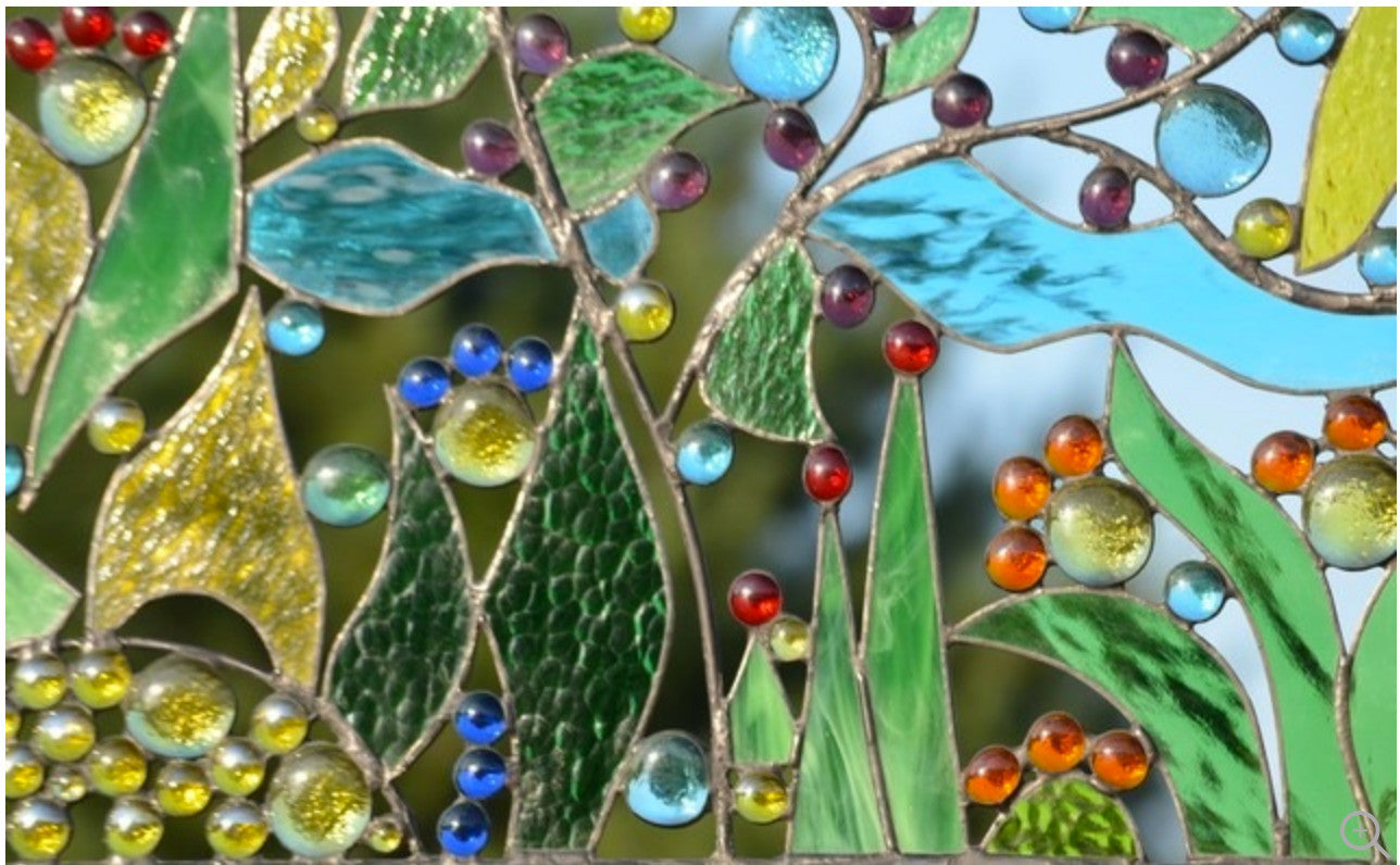 Contemporary Abstract Stained Glass Panel Metal and Glass Art. "Garden Paradise"