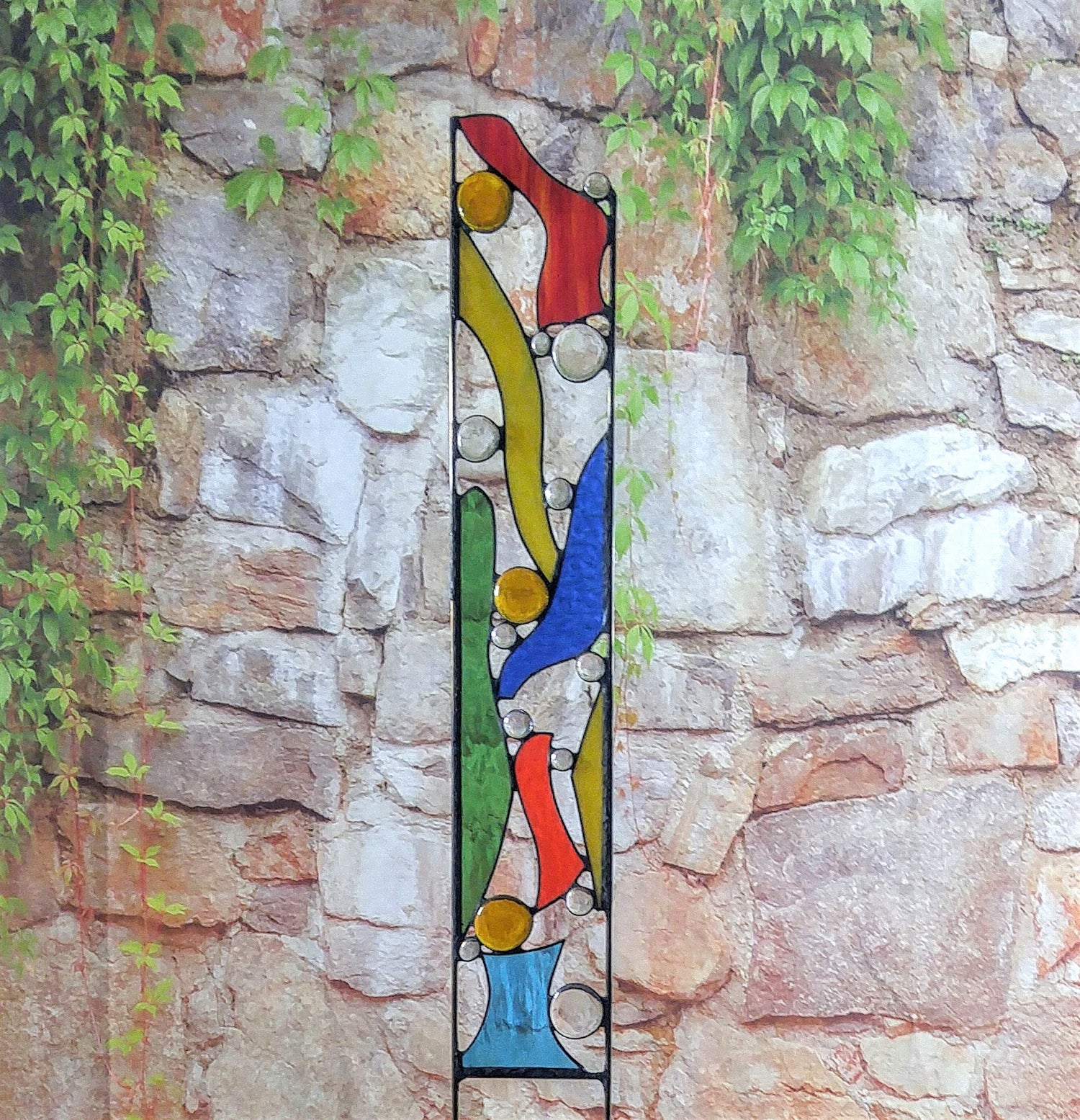 Outdoor Glass Garden Decorating with Stained Glass Garden Art. "Happy Times"
