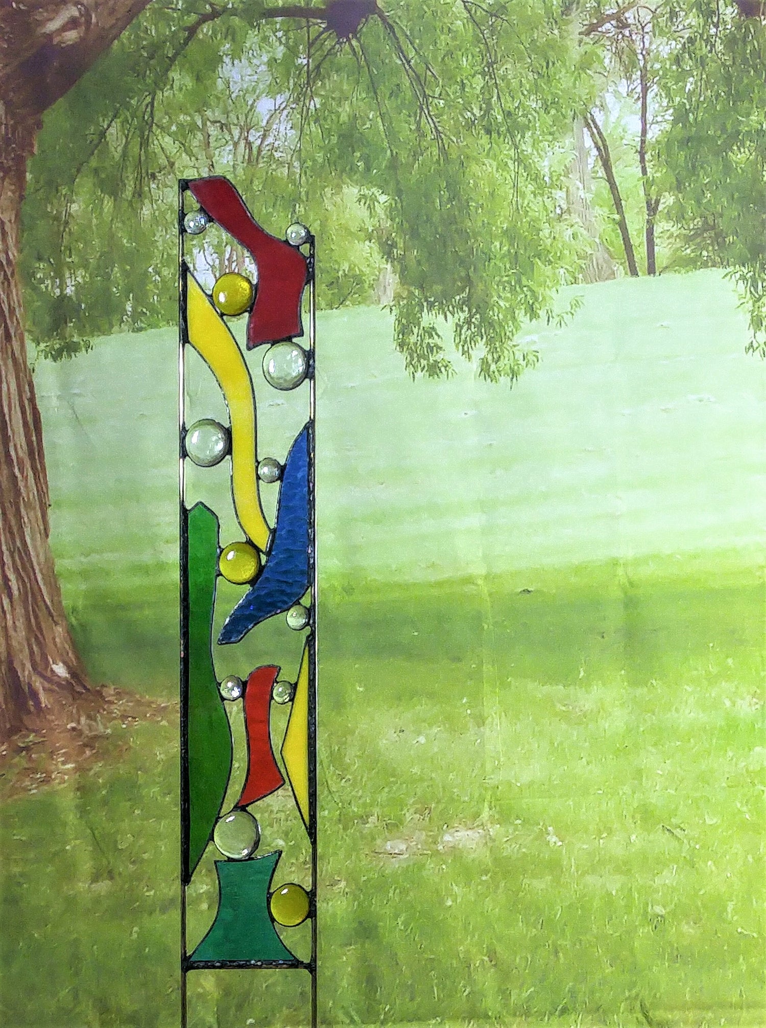 Outdoor Glass Garden Decorating with Stained Glass Garden Art. "Happy Times"