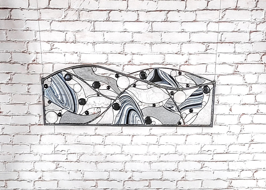 Contemporary Stained Glass Window Metal and Glass Art. "New Worlds"