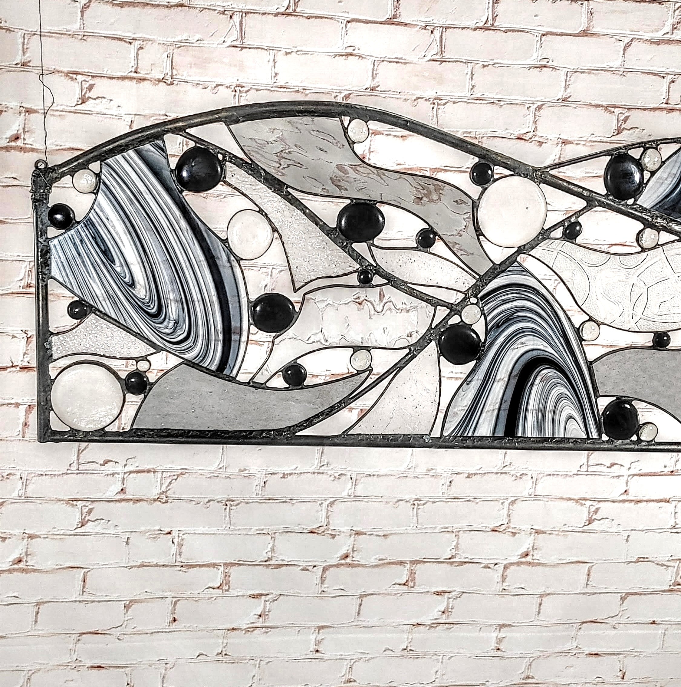 Contemporary Stained Glass Window Metal and Glass Art. "New Worlds"