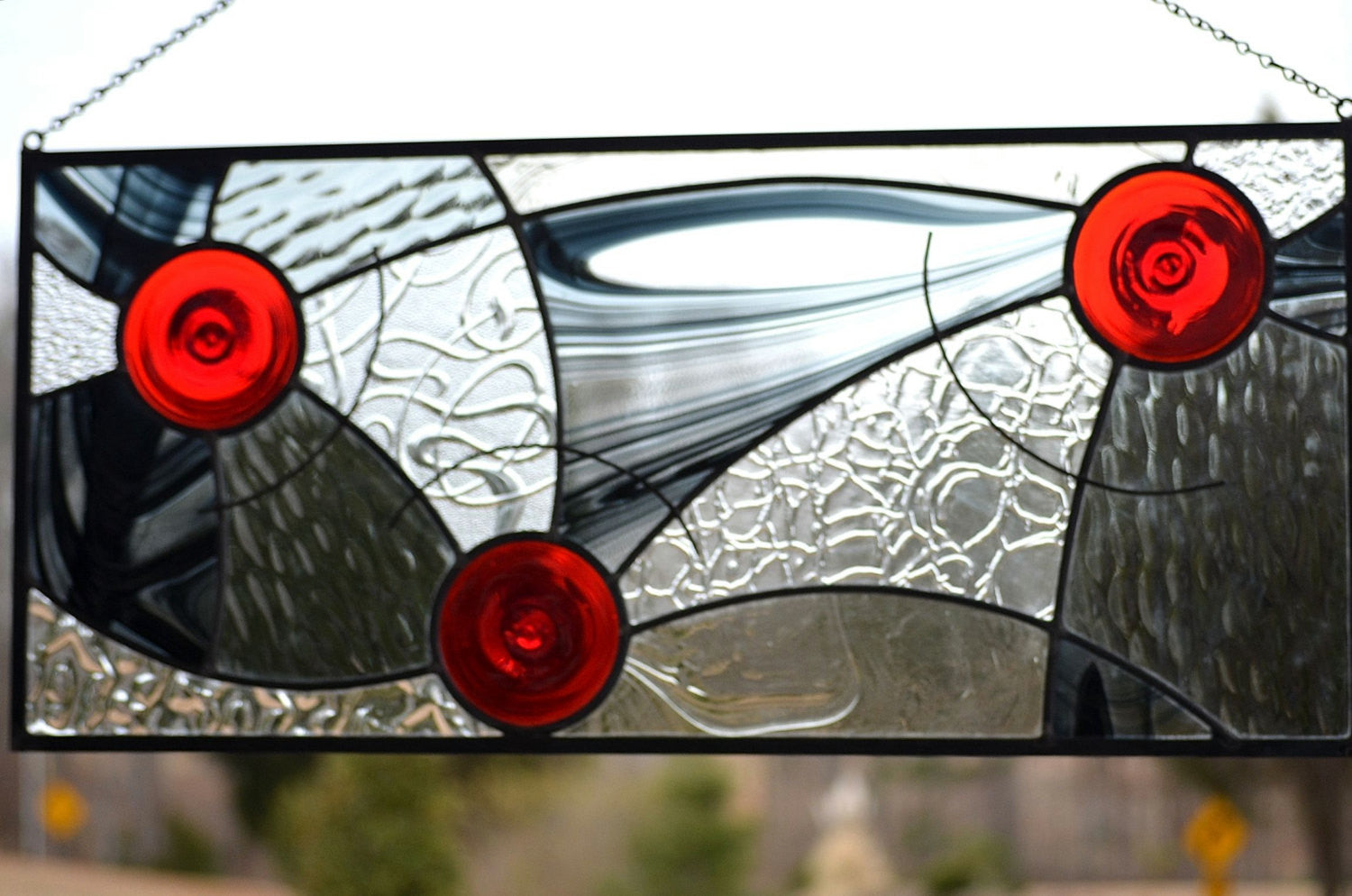 Hanging Contemporary Stained Glass Window Panel Designed for Privacy. "In Motion"