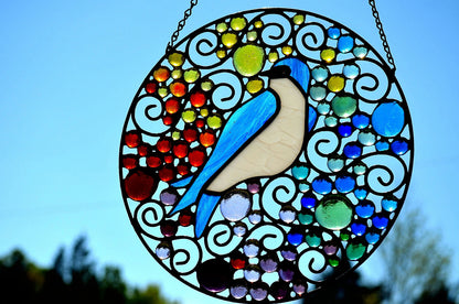 Custom Stained Glass Art for Bird Lovers Stained Glass Panel. &quot;Tree Swallow&quot;