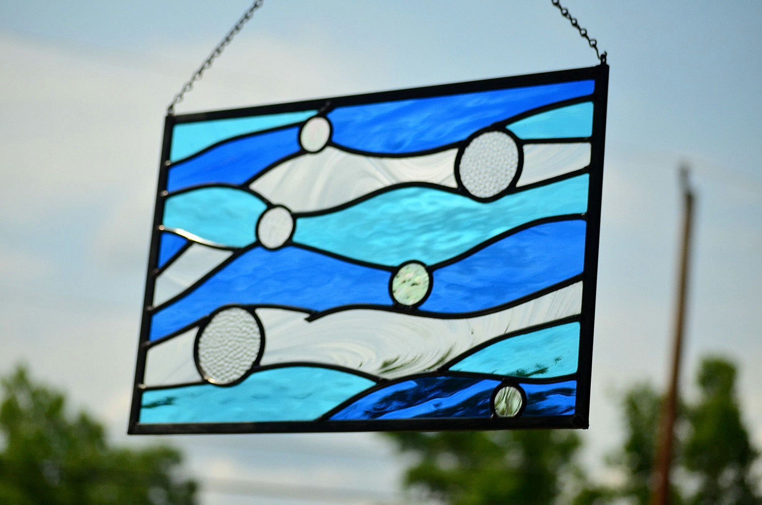 Leaded Stained Glass Panel is Ocean Themed Stained Glass Art. "Currents"