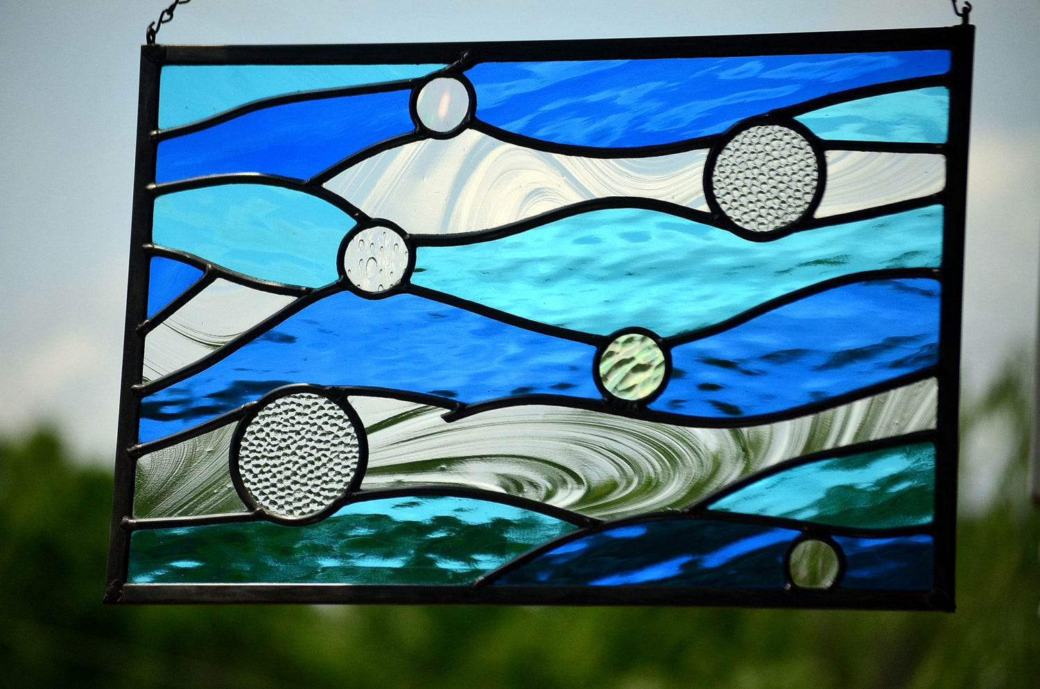 Leaded Stained Glass Panel is Ocean Themed Stained Glass Art. "Currents"