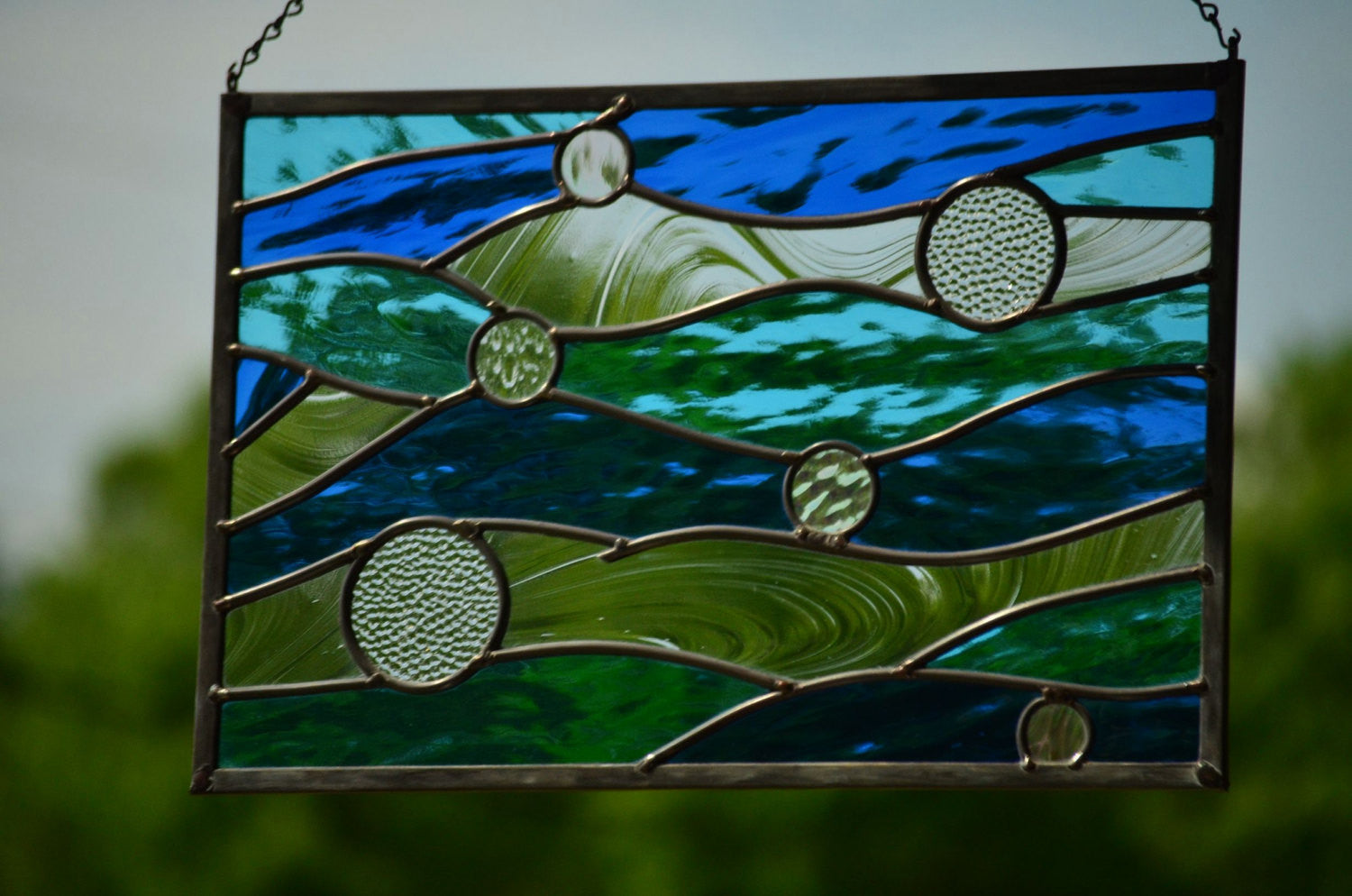 Leaded Stained Glass Panel is Ocean Themed Stained Glass Art. "Currents"