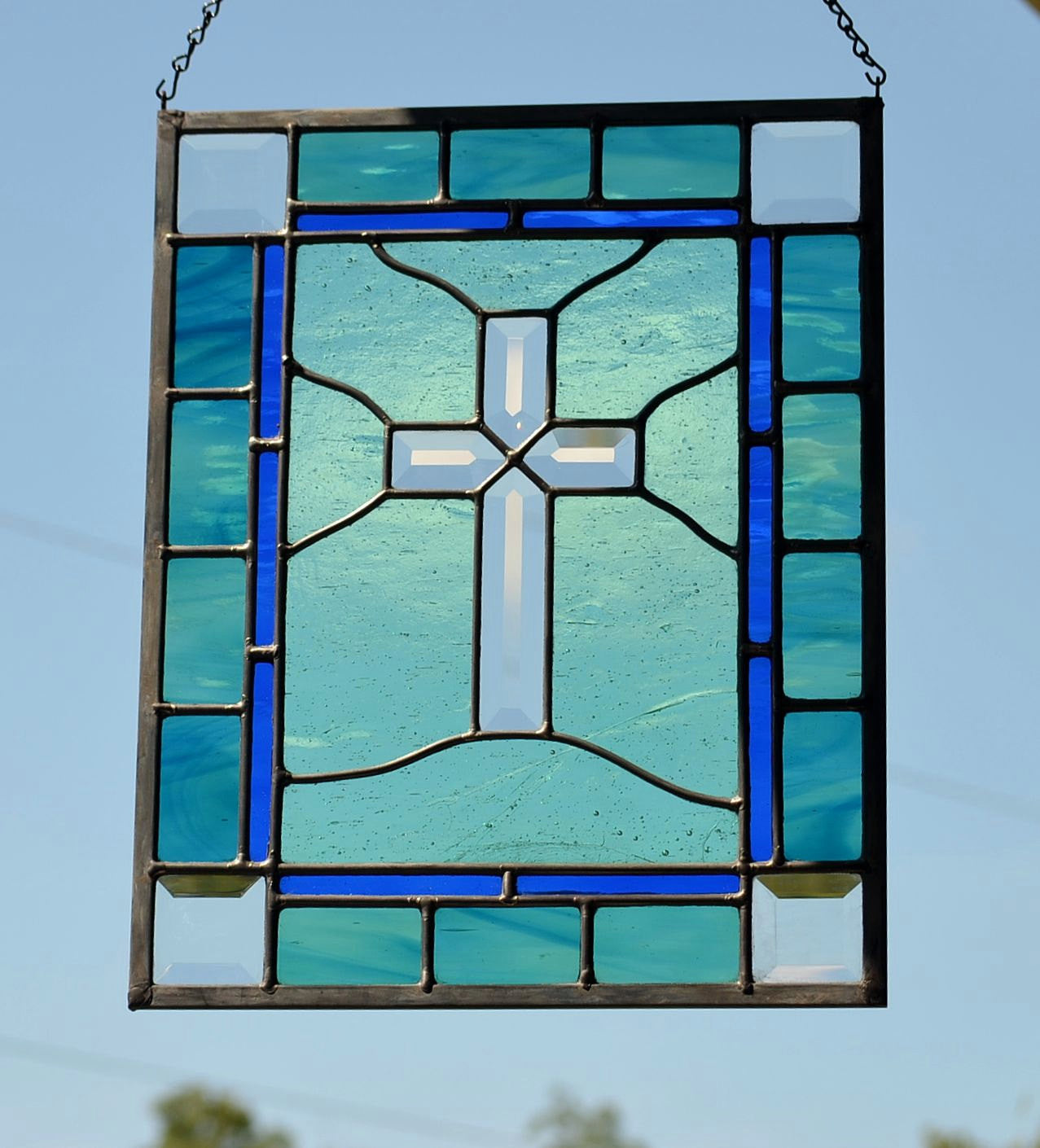 Christian Cross Window Panel Religious Stained Glass Art. &quot;Beveled Cross Window&quot;