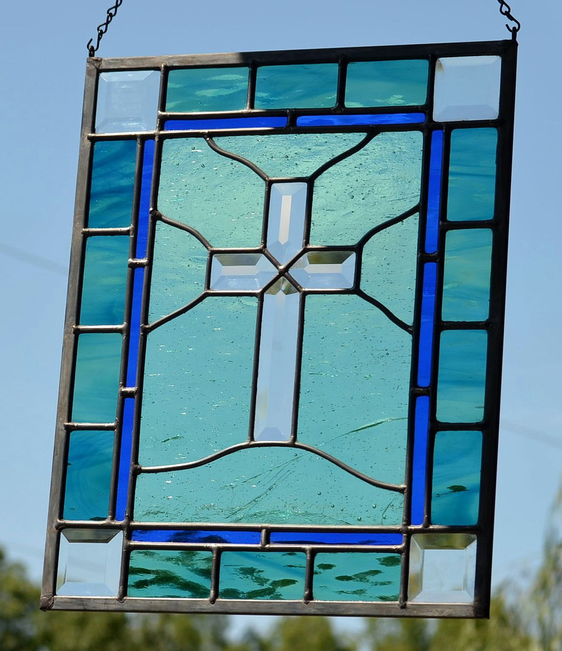 Christian Cross Window Panel Religious Stained Glass Art. &quot;Beveled Cross Window&quot;