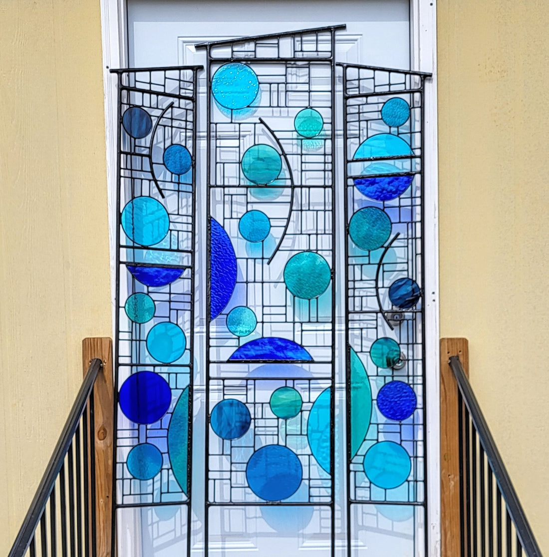 Metal and Glass Garden Sculpture 3 Piece Stained Glass Yard Art. &quot;Garden Blues Triptych&quot;