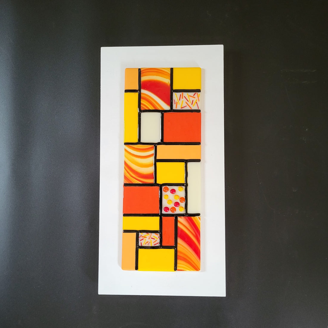 Hanging Glass Art on Wood Backplate Fused Stained Glass Art. &quot;Orange You Game&quot;