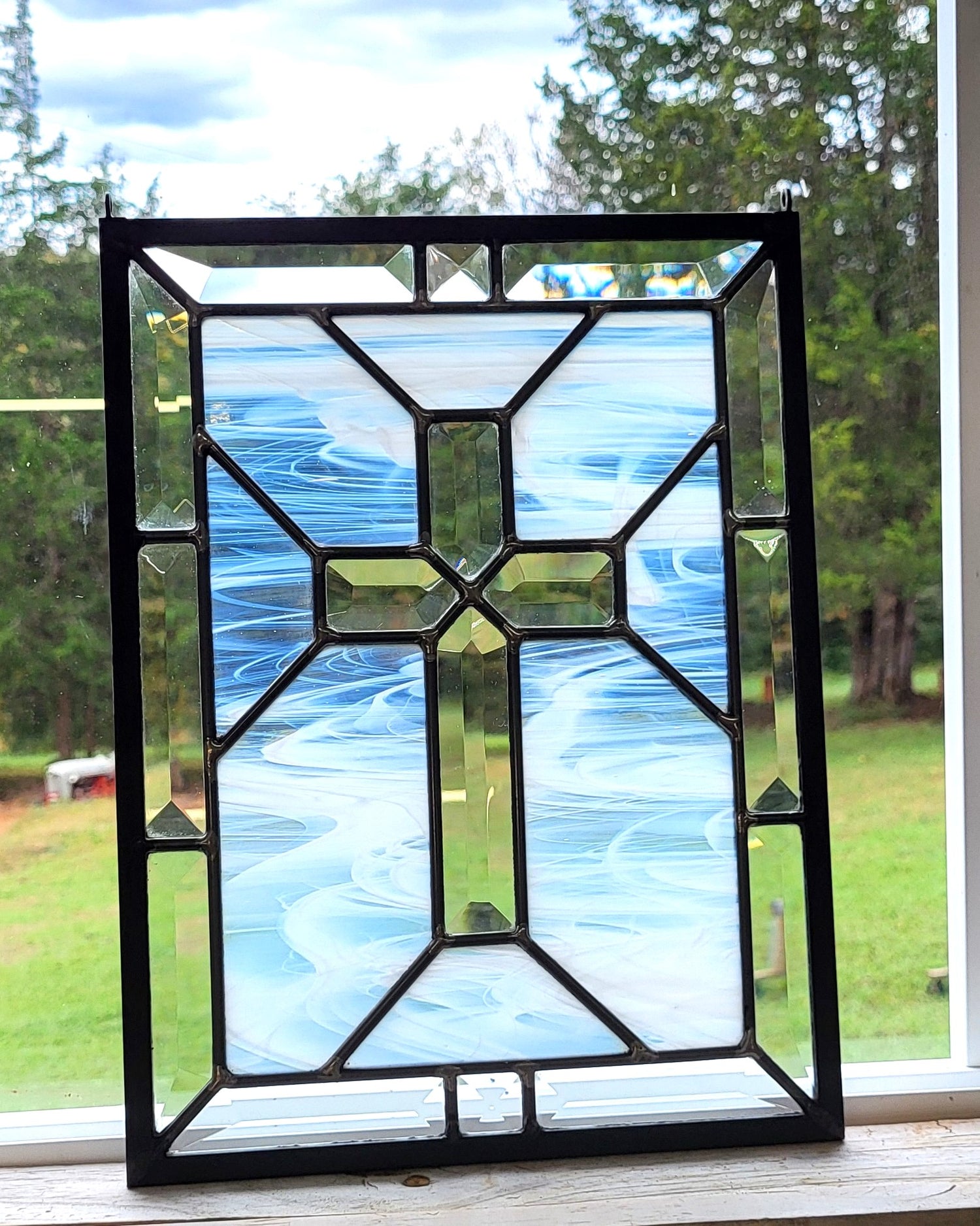 Christian beveled cross panel with white and clear streaky stained glass makes gift for mother and dad