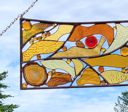 Metal and Glass Panel Hanging Stained Glass Panel. &quot;Autumn Sings&quot;