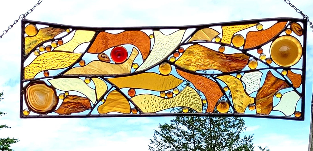 Metal and Glass Panel Hanging Stained Glass Panel. &quot;Autumn Sings&quot;