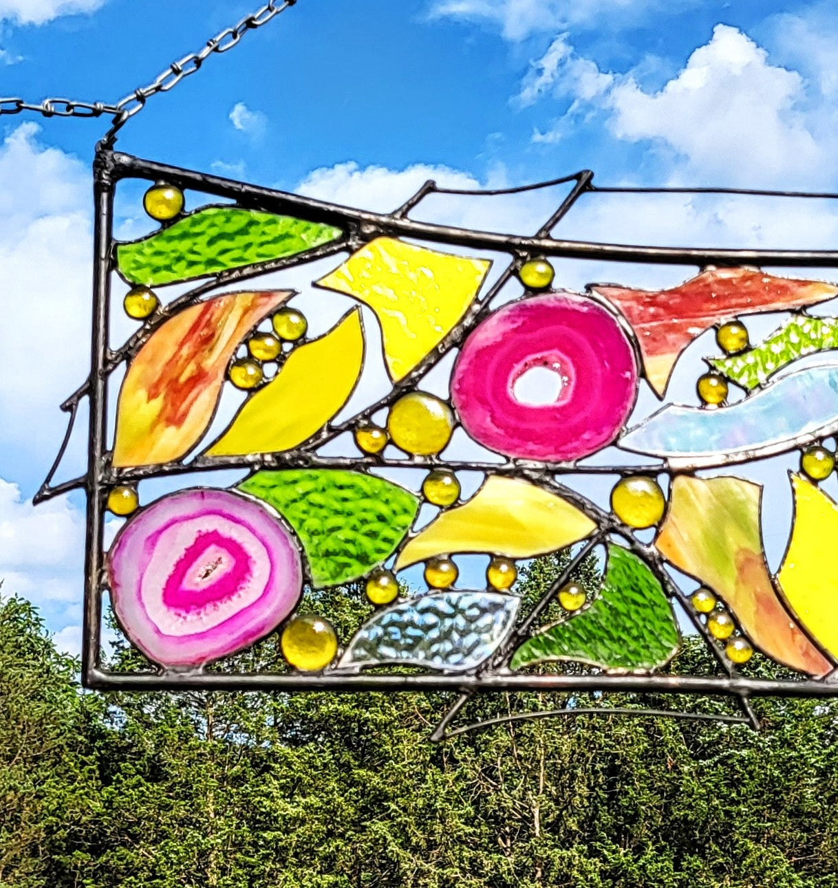 Modern Wall Art Glass and Metal Art Stained Glass Hanging Window Panel. &quot;Carnivale&quot;