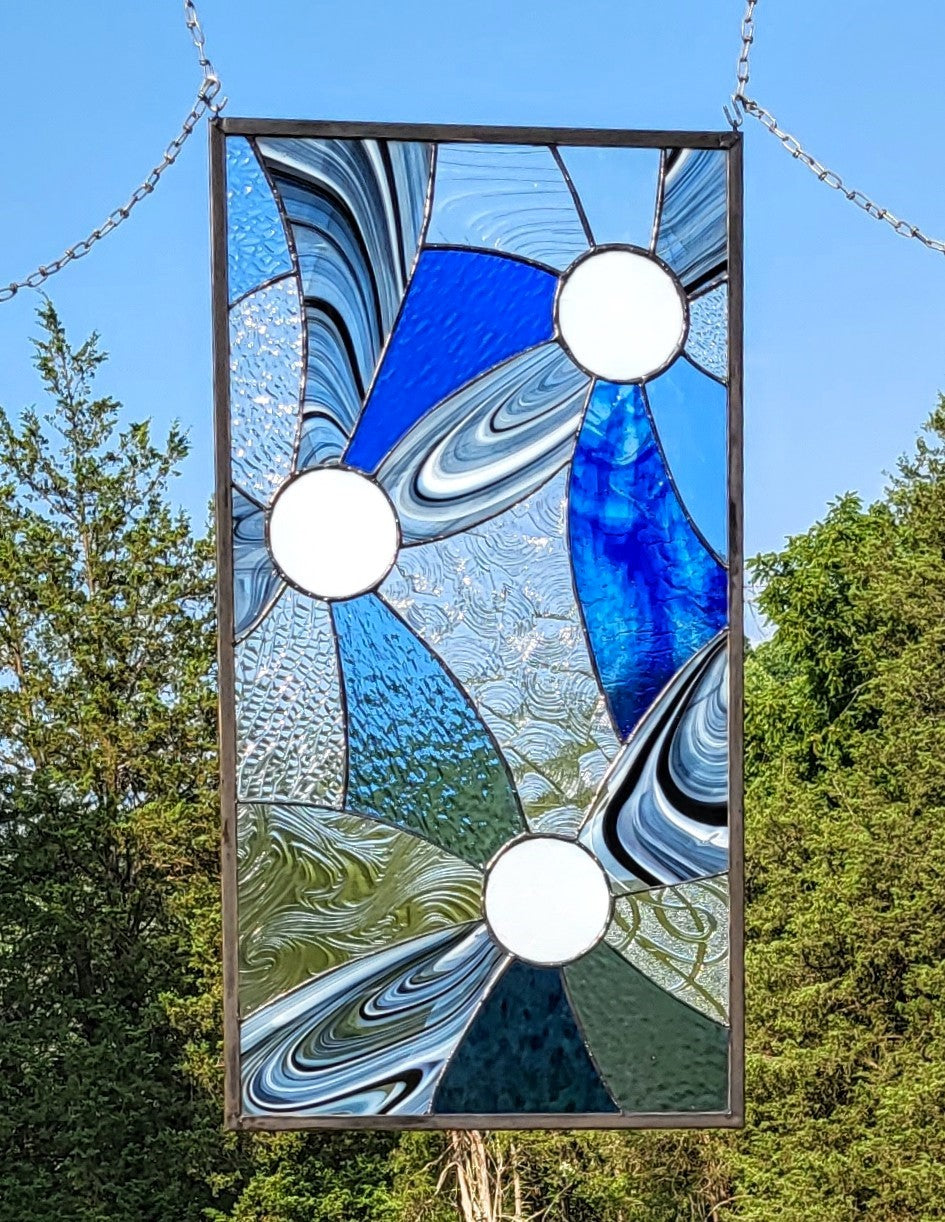 Large Glass Hanging Panel Abstract Stained Glass Panel. &quot;Moon Spinners&quot;