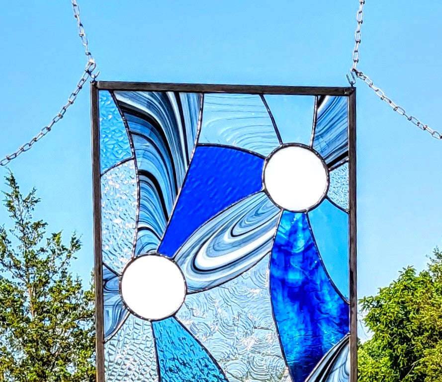 Large Glass Hanging Panel Abstract Stained Glass Panel. &quot;Moon Spinners&quot;