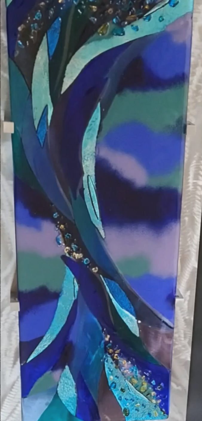Large Fused Glass Art Panel Contemporary Glass Wall Art.  &quot;Poseidon Plays&quot;