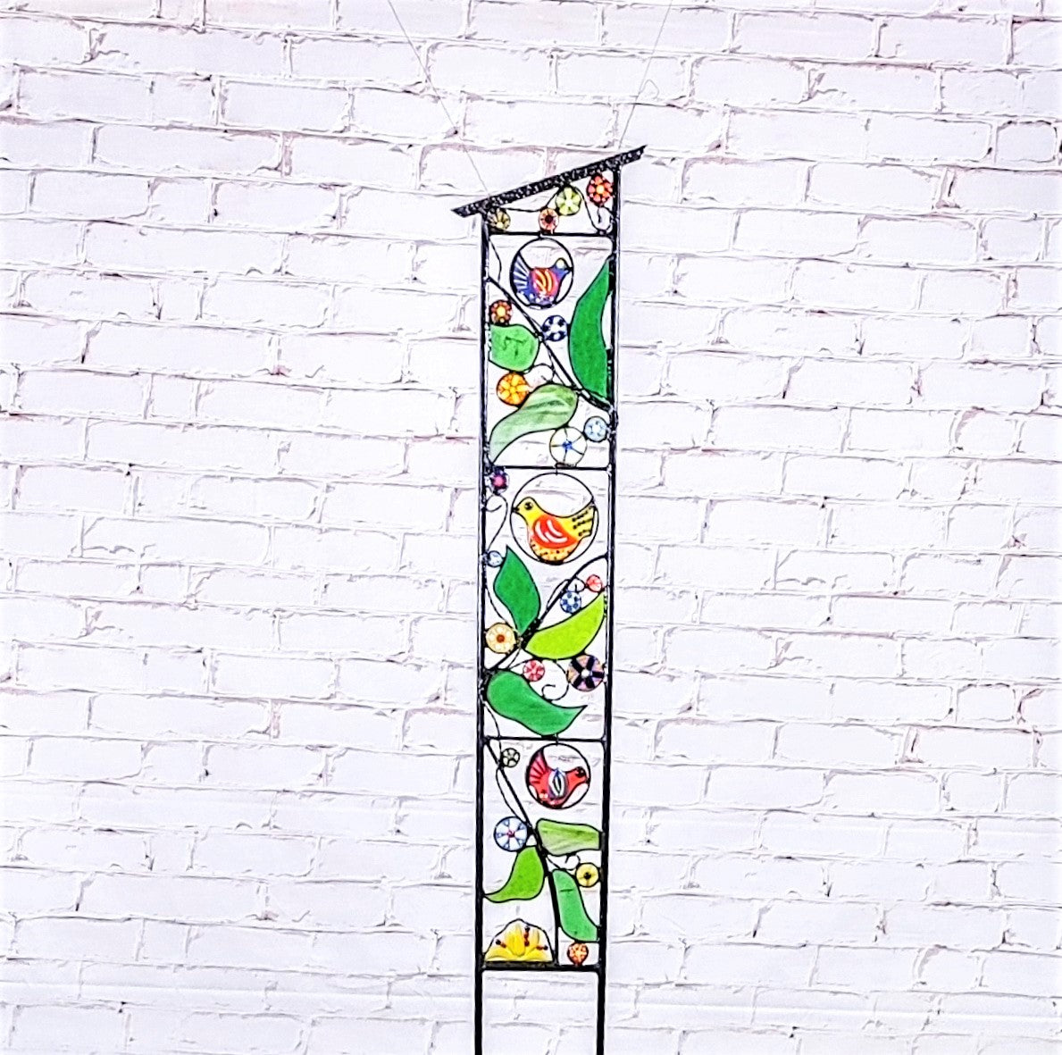 Glass Garden Decoration Tall Stained Glass Yard Stake. &quot;Aviary&quot;