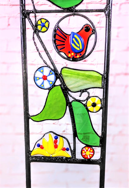 'Aviary'.  Tall Stained Glass Yard Art, Mixed Media Garden Decor.